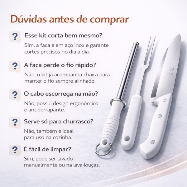 Kit Churrasco Profissional 3 Peças Faca Garfo Chaira Aço Inox