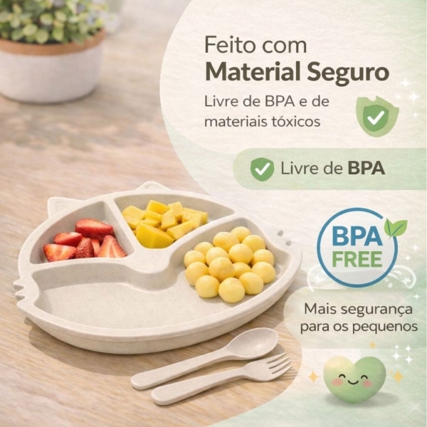 Prato Infantil Com Divisorias Flor Garfo E Colher BPA Free - Gato Branco