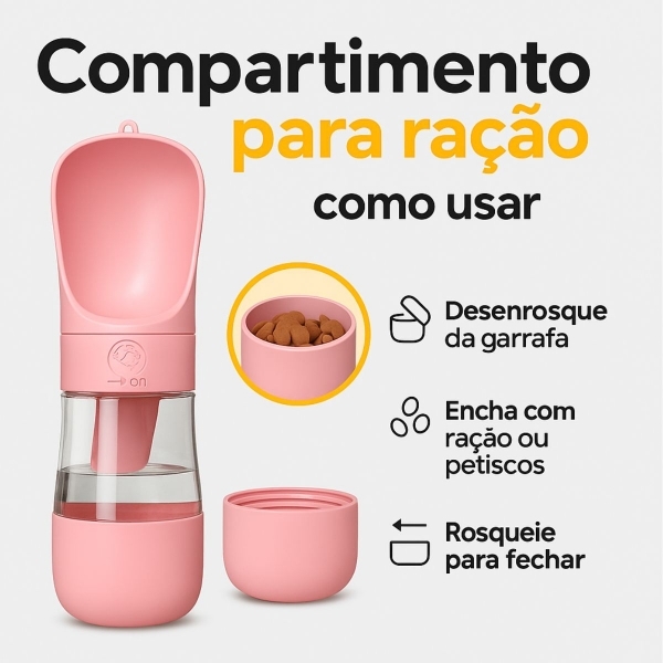 Garrafa Portátil Pet 2 em 1 Água e Ração 370ml Passeio - Rosa