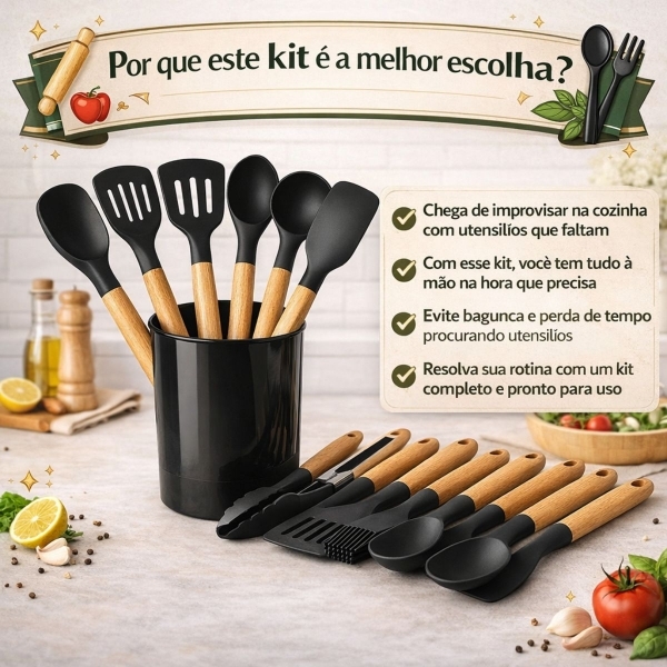 Kit Utensilios Cozinha Silicone 12 Pecas Cabo Madeira Completo