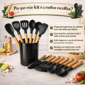 Kit Utensilios Cozinha Silicone 12 Pecas Cabo Madeira Completo