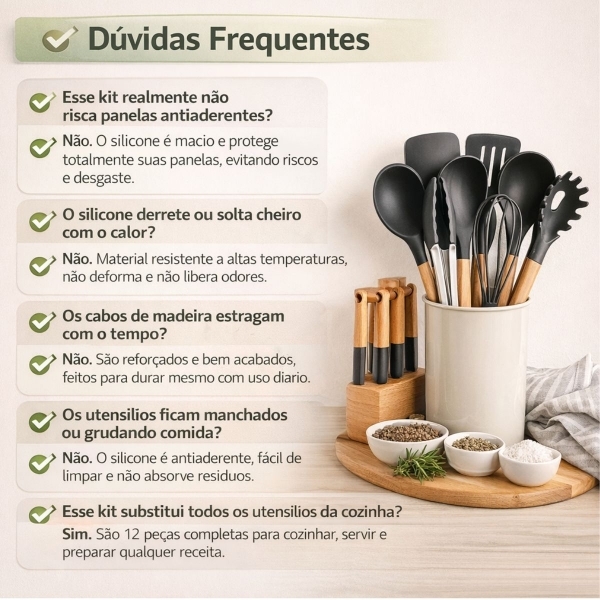 Kit Utensilios Cozinha Silicone 12 Pecas Cabo Madeira Completo