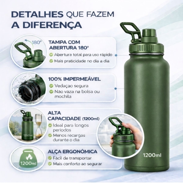 Garrafa Térmica Inox 1200ml Parede Dupla Isolamento a Vácuo Antivazamento com Alça 180° - Verde Militar