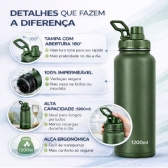 Garrafa Térmica Inox 1200ml Parede Dupla Isolamento a Vácuo Antivazamento com Alça 180° - Verde Militar