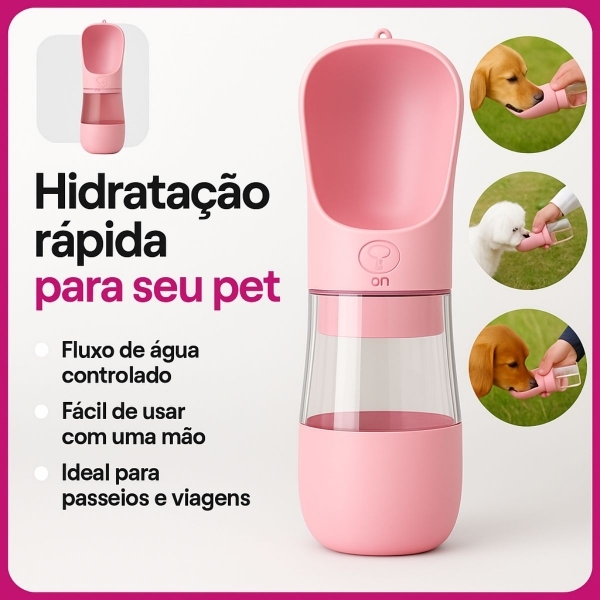 Garrafa Portátil Pet 2 em 1 Água e Ração 370ml Passeio - Rosa