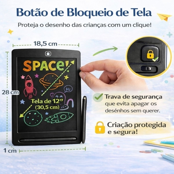 Lousa Mágica Infantil LCD 12 Para Desenhar e Escrever - Preto