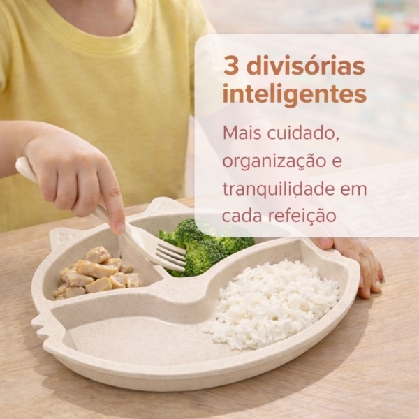 Prato Infantil Com Divisorias Flor Garfo E Colher BPA Free - Gato Branco