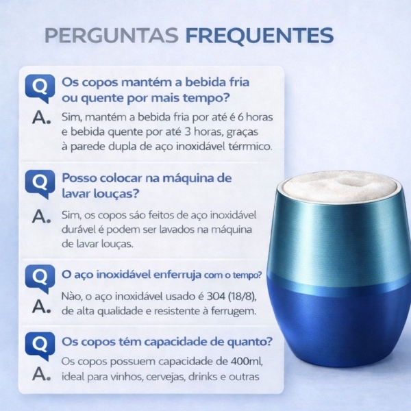 Copo Térmico 2 em 1 Aço Inox 400ml Taça Bebida Fria Quente - Azul Cromado
