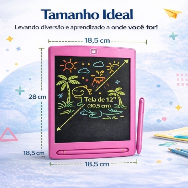 Lousa Mágica Infantil LCD 12 Para Desenhar e Escrever - Rosa