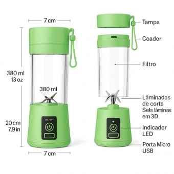 Mini Liquidificador Portátil Recarregável 380ML 6 Laminas