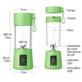 Mini Liquidificador Portátil Recarregável 380ML 6 Laminas - Verde