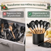 Kit Utensilios Cozinha Silicone 12 Pecas Cabo Madeira Completo