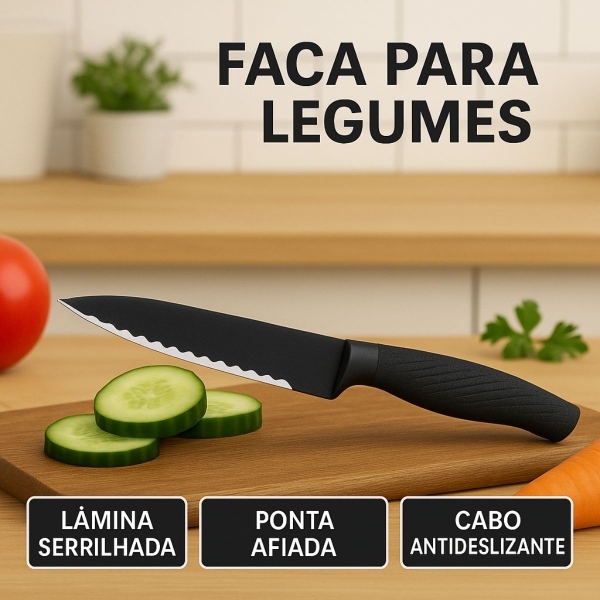 Kit Facas Cozinha 6 Peças Aço Inox Com Tesoura e Descascador
