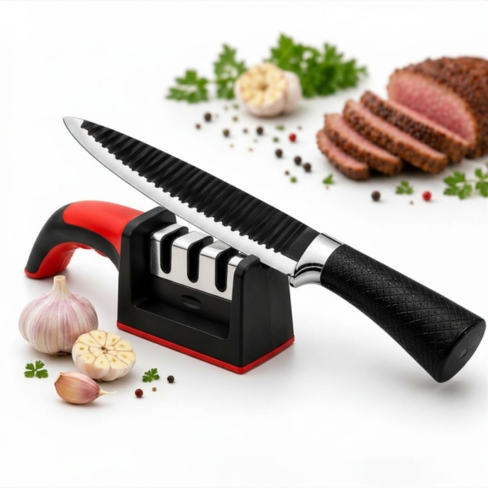 Kit Faca Serrilhada 24cm Inox Profissional Com Afiador 3 Estagios