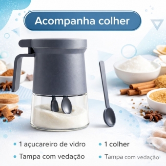 Açucareiro de Vidro 350ml com Tampa Vedada e Colher Azul e Cinza