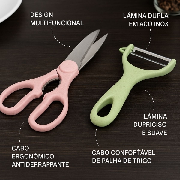 Kit Facas Cozinha 6 Peças Com Afiador Descascador Tesoura