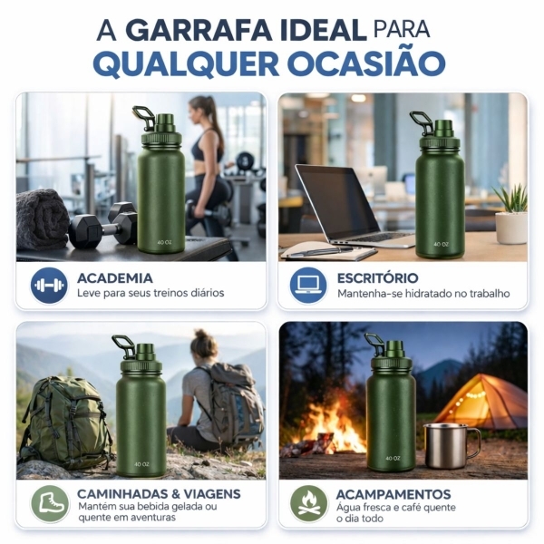 Garrafa Térmica Inox 1200ml Parede Dupla Isolamento a Vácuo Antivazamento com Alça 180° - Verde Militar