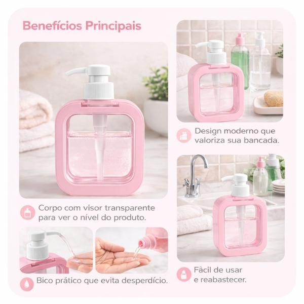 Dispenser Sabonete Líquido 300ml Quadrado Banheiro Cozinha - Rosa