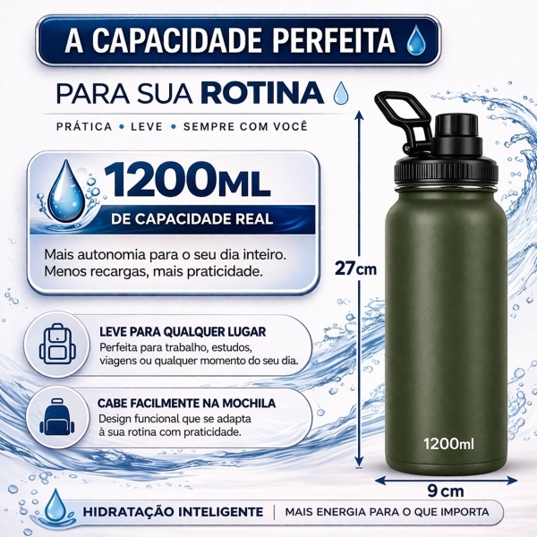 Garrafa Térmica Inox 1200ml Parede Dupla Isolamento a Vácuo Antivazamento com Alça 180° - Verde Militar