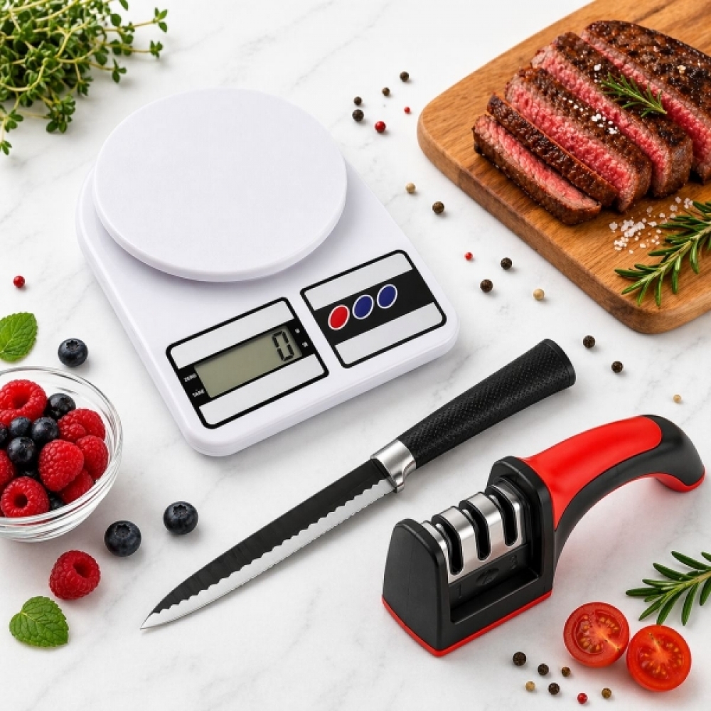 Kit Faca Serrilhada 24cm Inox Profissional Com Afiador 3 Estagios E Balanca Digital 10kg