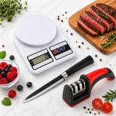 Kit Faca Serrilhada 24cm Inox Profissional Com Afiador 3 Estagios E Balanca Digital 10kg