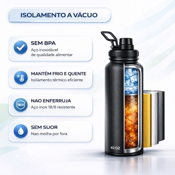 Garrafa Térmica Inox 1200ml Parede Dupla Isolamento a Vácuo Antivazamento com Alça 180° - Preta
