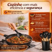 Kit Utensilios Cozinha Silicone 12 Pecas Cabo Madeira Completo