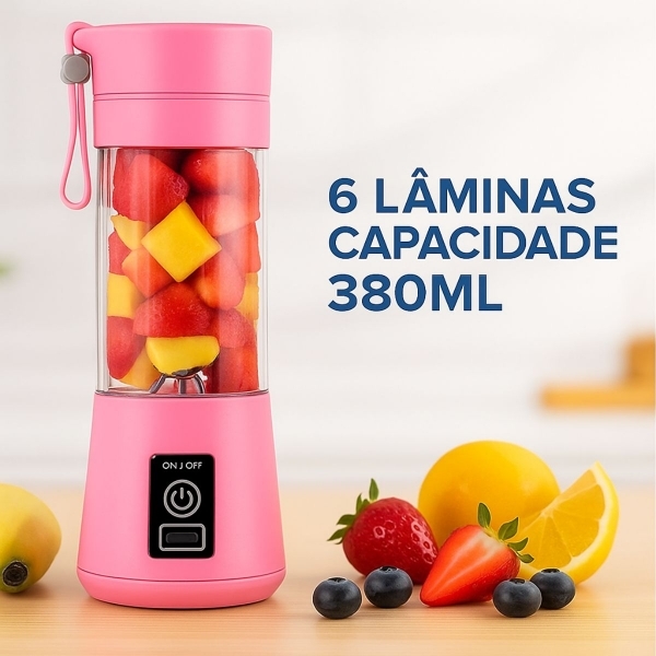 Mini Liquidificador Portátil Recarregável 380ML 6 Laminas - Rosa