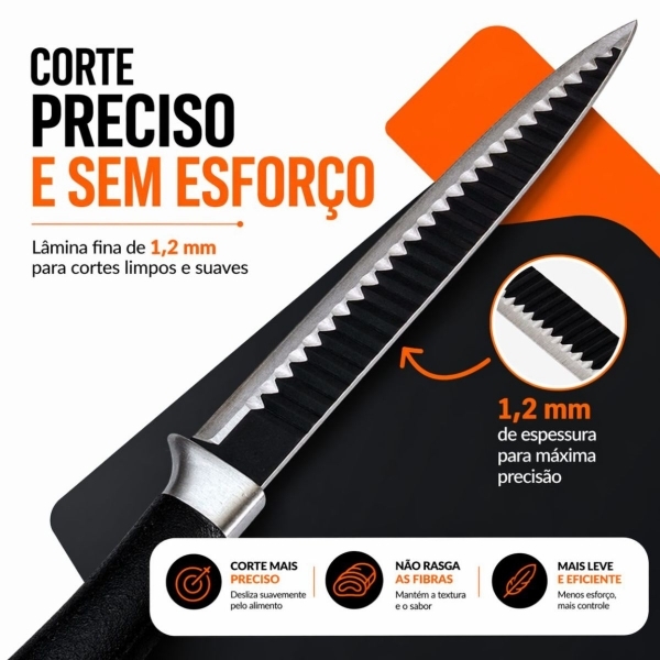 Kit Faca Serrilhada 24cm Inox Profissional Com Afiador 3 Estagios