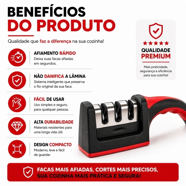 Kit Faca Serrilhada 24cm Inox Profissional Com Afiador 3 Estagios