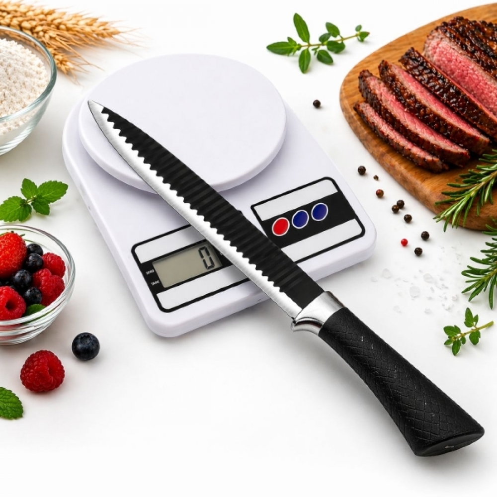 Kit Faca Serrilhada 24cm Inox Profissional Com Balanca Digital 10kg
