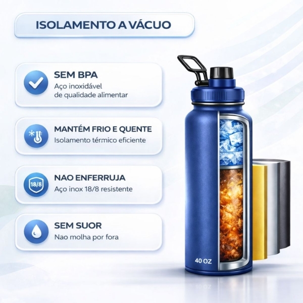 Garrafa Térmica Inox 1200ml Parede Dupla Isolamento a Vácuo Antivazamento com Alça 180° - Azul